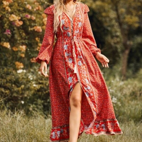 red Floral Ruffle detailed Drawstring Waist Split Hem Maxi Cottagecore Dress - Picture 2 of 6